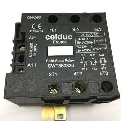Used Celduc SWT860330 Solid State Relay, 3-Phase 24-500VAC 5A, 10-30VAC/DC Control