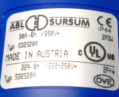New Lot of 2 ABL Sursum S32S20A Cord Connector Plugs, 2P/3W, 30A 250v AC, IP44