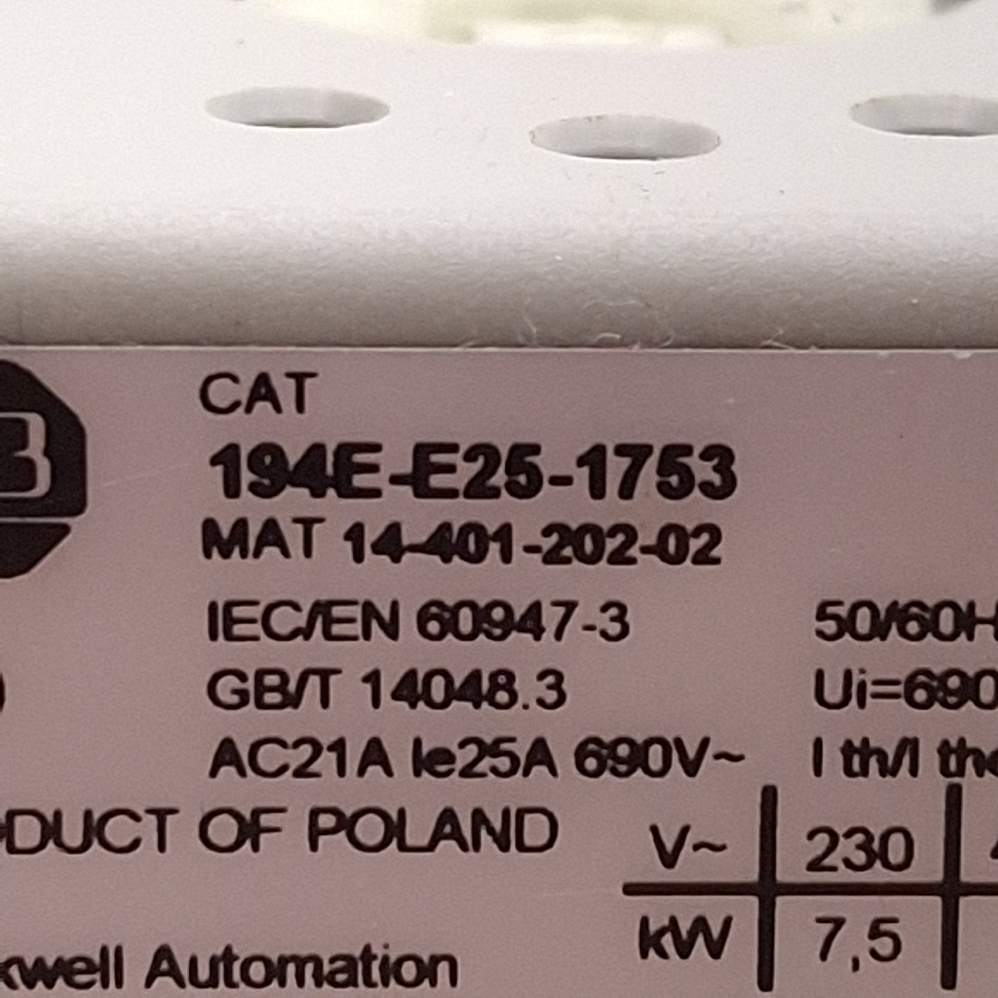 Used Allen Bradley 194E-E25-1753 Disconnect Switch Base 600VAC 25A 3-Pole, Non-Fused