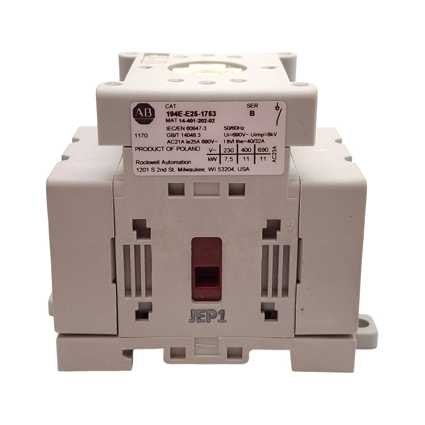 Used Allen Bradley 194E-E25-1753 Disconnect Switch Base 600VAC 25A 3-Pole, Non-Fused