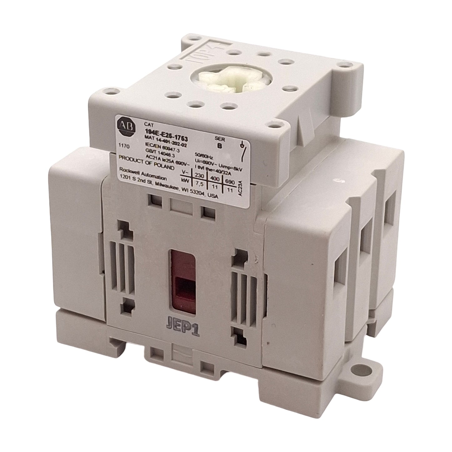 Used Allen Bradley 194E-E25-1753 Disconnect Switch Base 600VAC 25A 3-Pole, Non-Fused