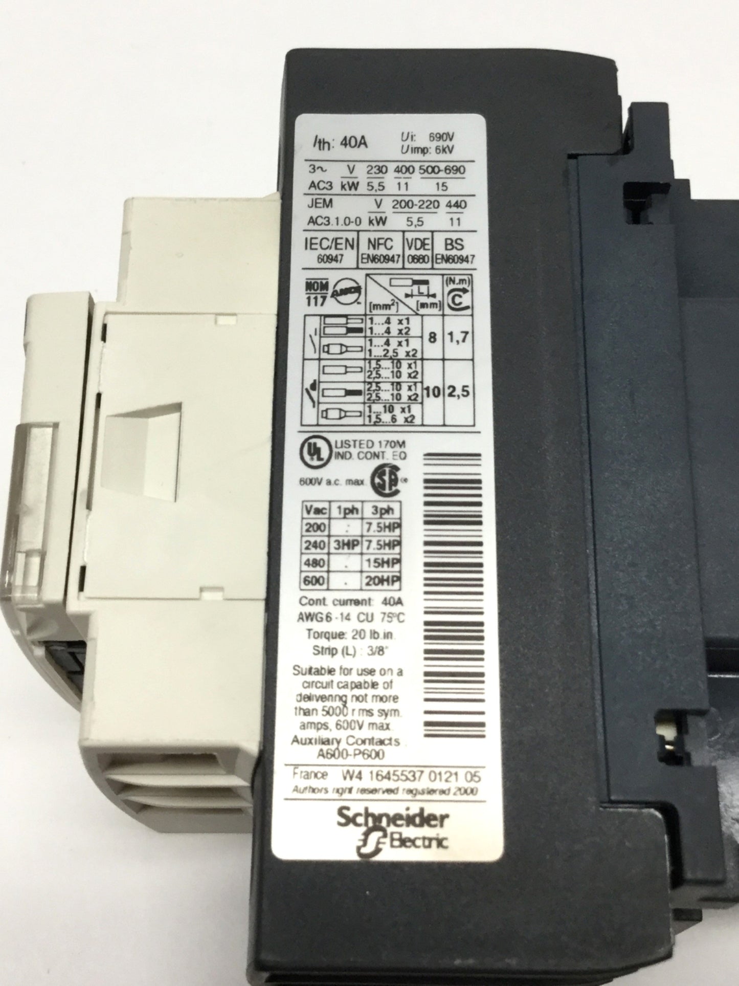 Used Telemecanique LC1D25B7 IEC Contactor, 24VAC Coil, 3-Pole + 1NO-1NC, 600V 40A