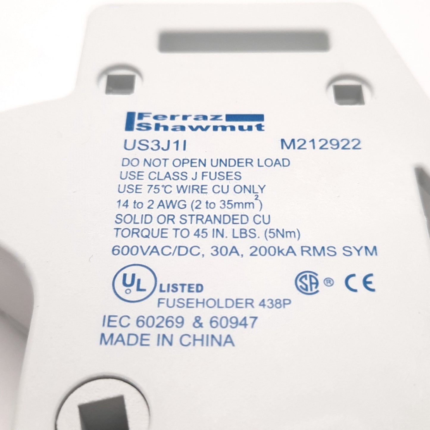 Used Ferraz Shawmut US3H1I Ultrasafe Fuse Holder, For J Class Fuses, 600v 30A