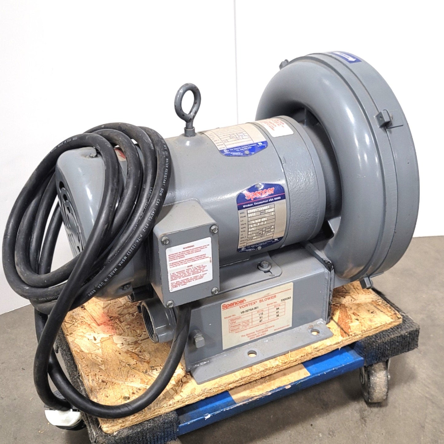 Used Spencer VB-007SA-001 Vortex Regenerative Blower 115/208-230VAC 1PH, 110CFM