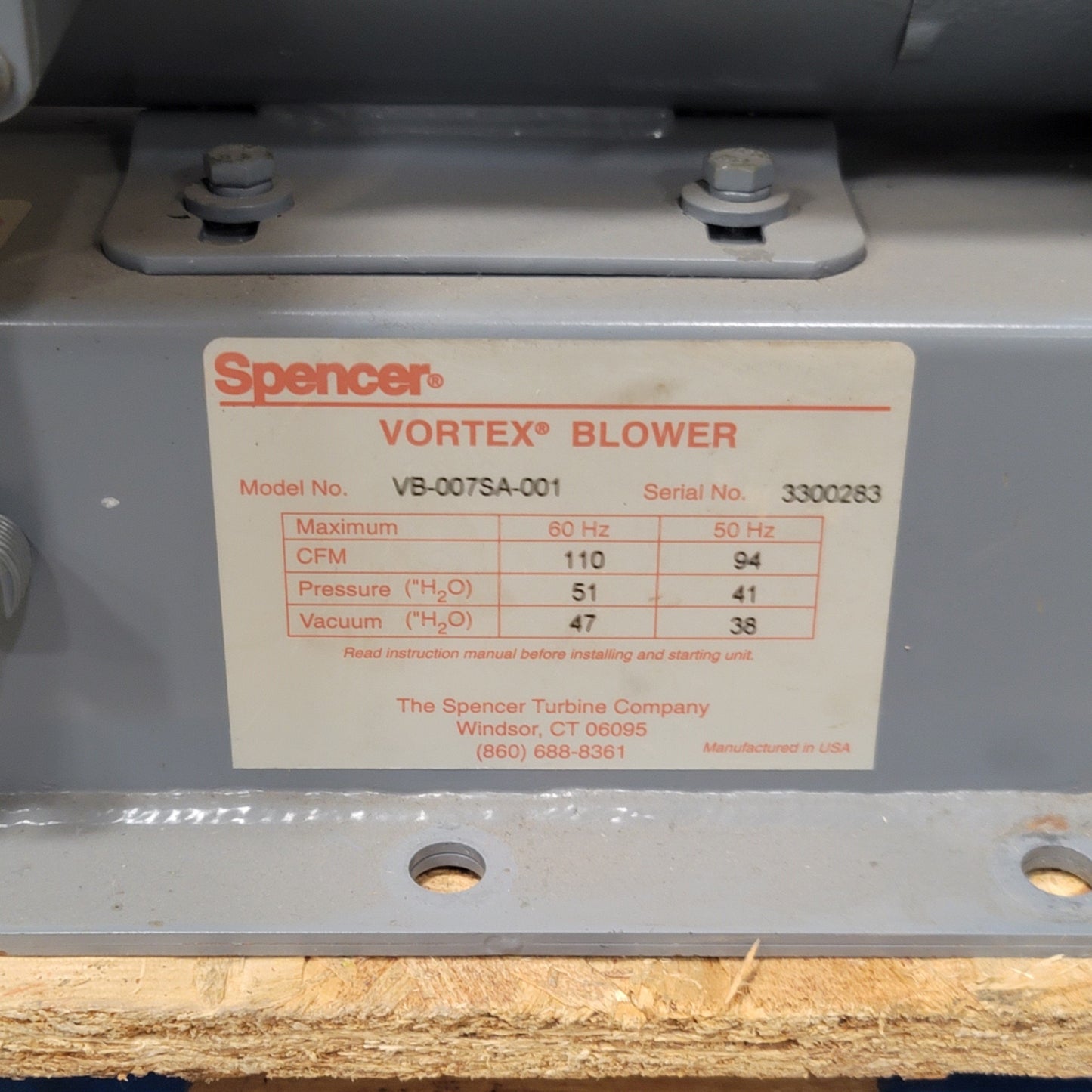 Used Spencer VB-007SA-001 Vortex Regenerative Blower 115/208-230VAC 1PH, 110CFM