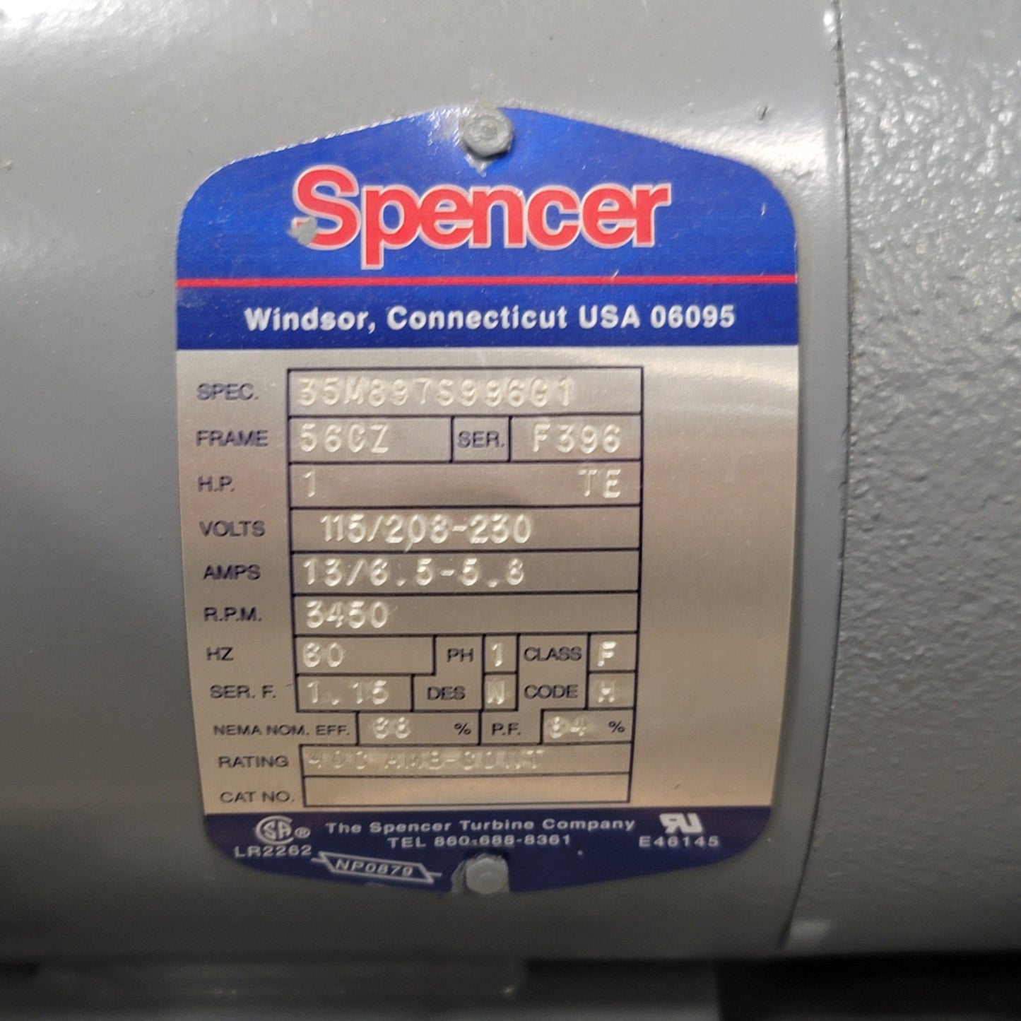 Used Spencer VB-007SA-001 Vortex Regenerative Blower 115/208-230VAC 1PH, 110CFM