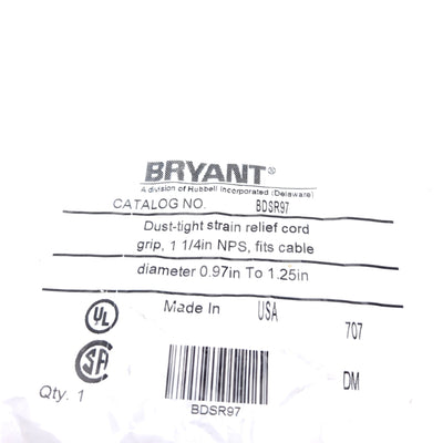 New Bryant BDSR97 Dust Tight Strain Relief, Fits 0.97-1.25", 1-1/4" NPS Male, 9" L