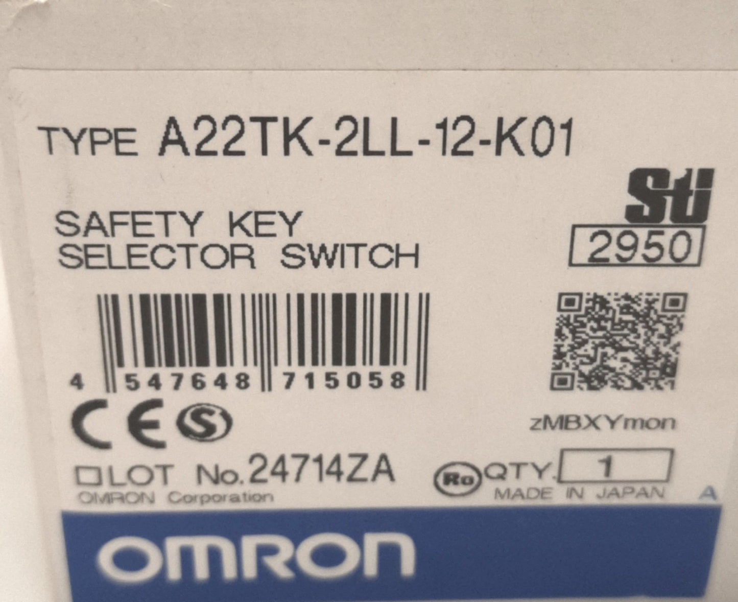 New – Open box Omron A22TK-2LL-12-K01 Keylock Switch, Release Left, 2 Notch, DPST-NC+SPST-NO