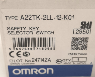 New – Open box Omron A22TK-2LL-12-K01 Keylock Switch, Release Left, 2 Notch, DPST-NC+SPST-NO