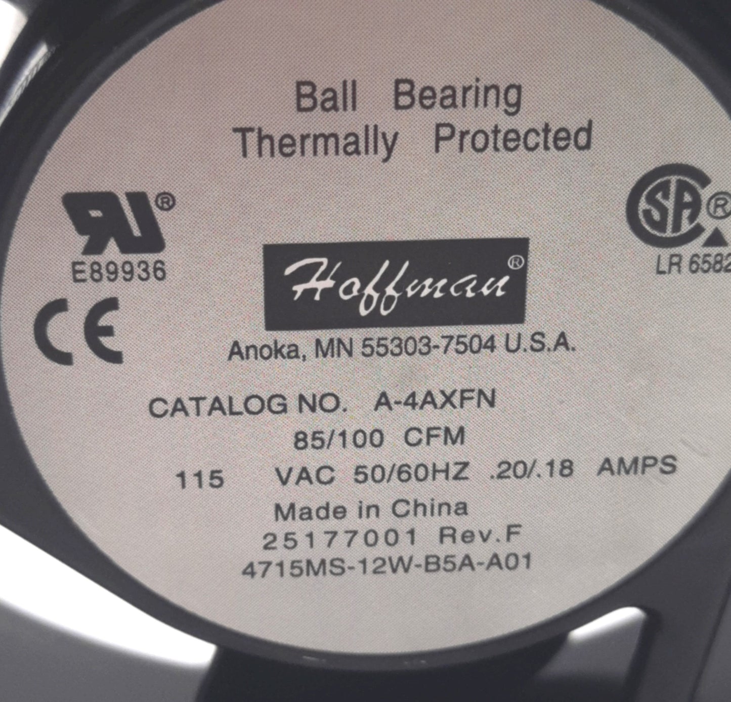 Used Hoffman A-4AXFN Axial Fan 115VAC 60Hz 0.18A, 100CFM, 117mm x 117mm x 44mm
