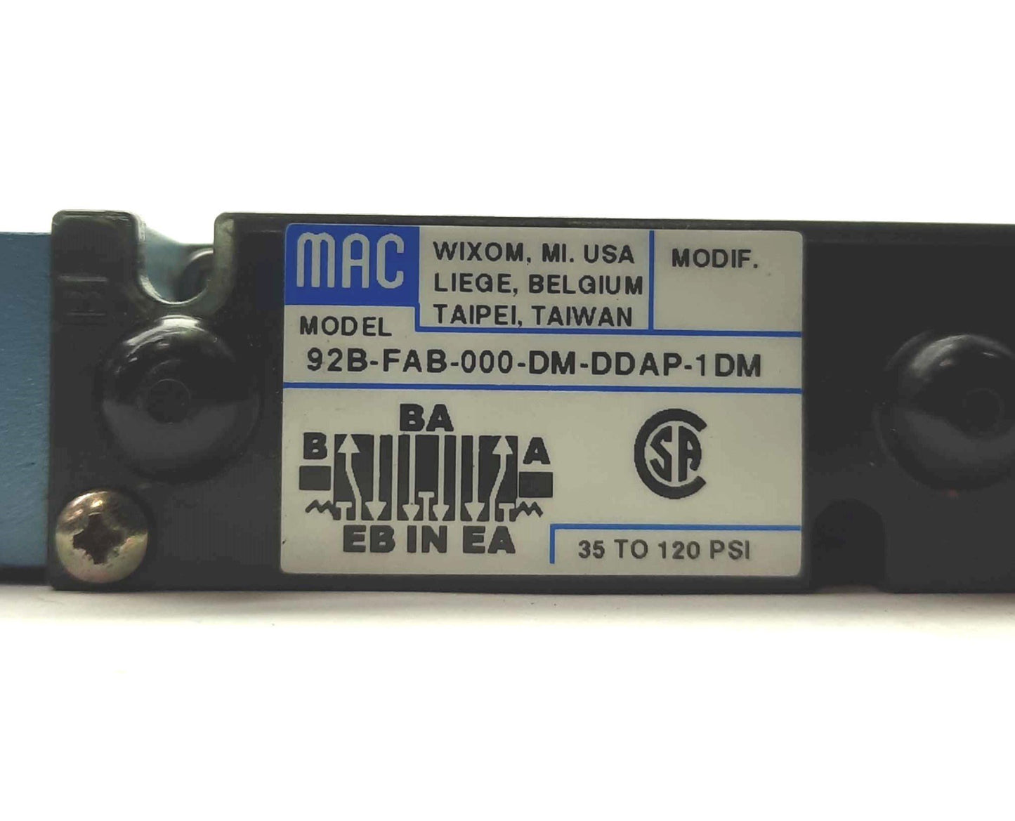 Used MAC 92B-FAB-000-DM-DDAP-1DM Solenoid Piloted Valve 5-Ports 3-Pos 120PSI 24VDC
