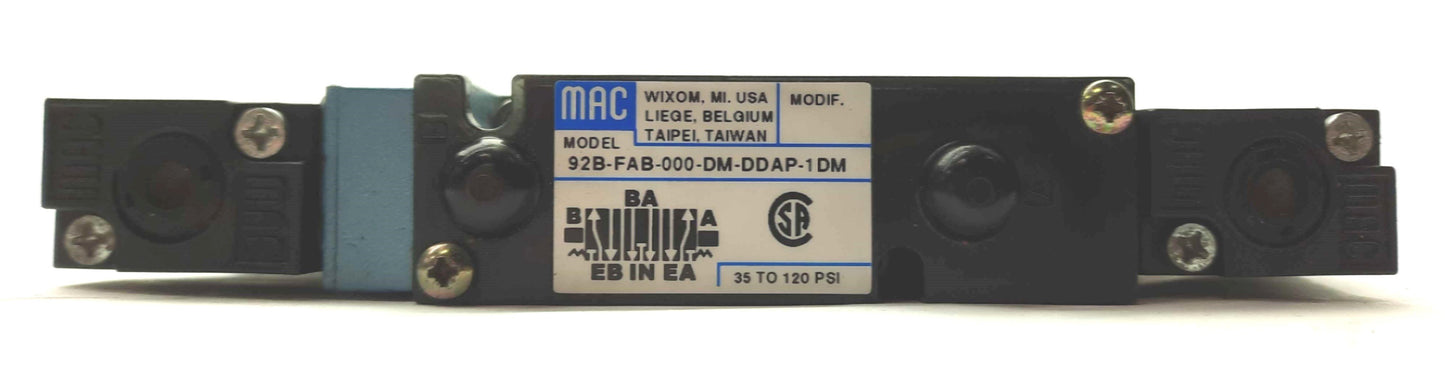 Used MAC 92B-FAB-000-DM-DDAP-1DM Solenoid Piloted Valve 5-Ports 3-Pos 120PSI 24VDC