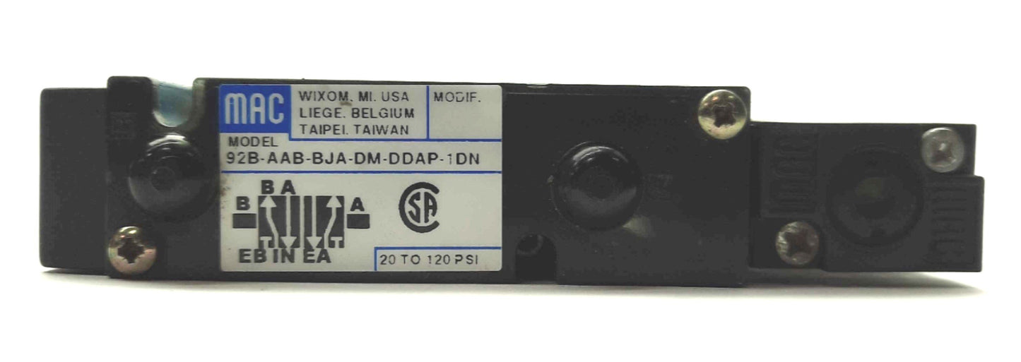 Used MAC 92B-AAB-BJA-DM-DDAP-1DN Solenoid Piloted Valve 5-Ports 2-Pos 120PSI 24VDC