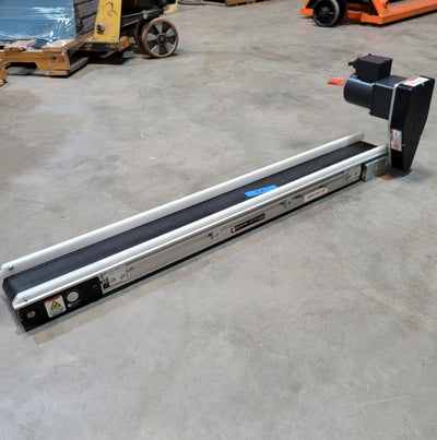 Used QC Conveyors AS40 End Drive Flat Belt Conveyor 4" Wide 42" Long, 200VAC, 6.57FPM