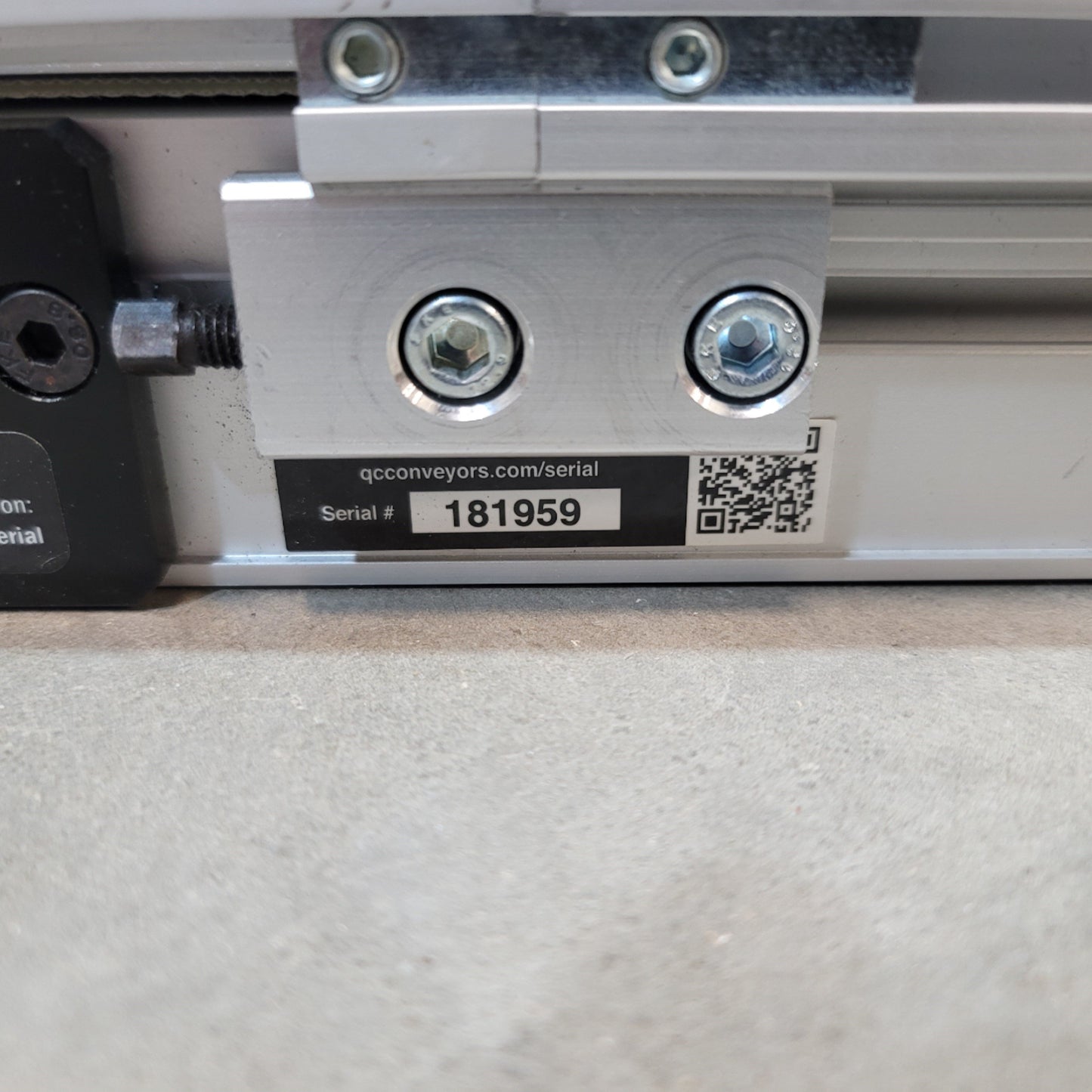 Used QC Conveyors AS40 End Drive Flat Belt Conveyor 4" Wide 42" Long, 200VAC, 6.57FPM