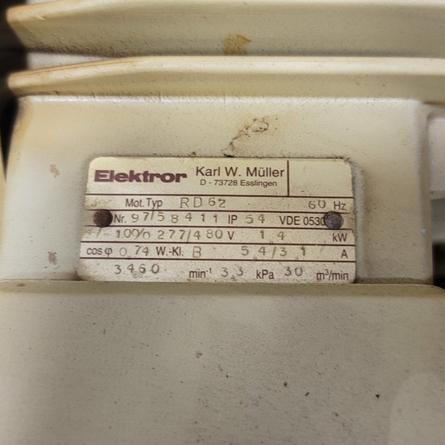 Used Elektor RD62 Medium Pressure Radial Blower 277/480VAC 3-Ph, 1.4 kW, 30m³/min