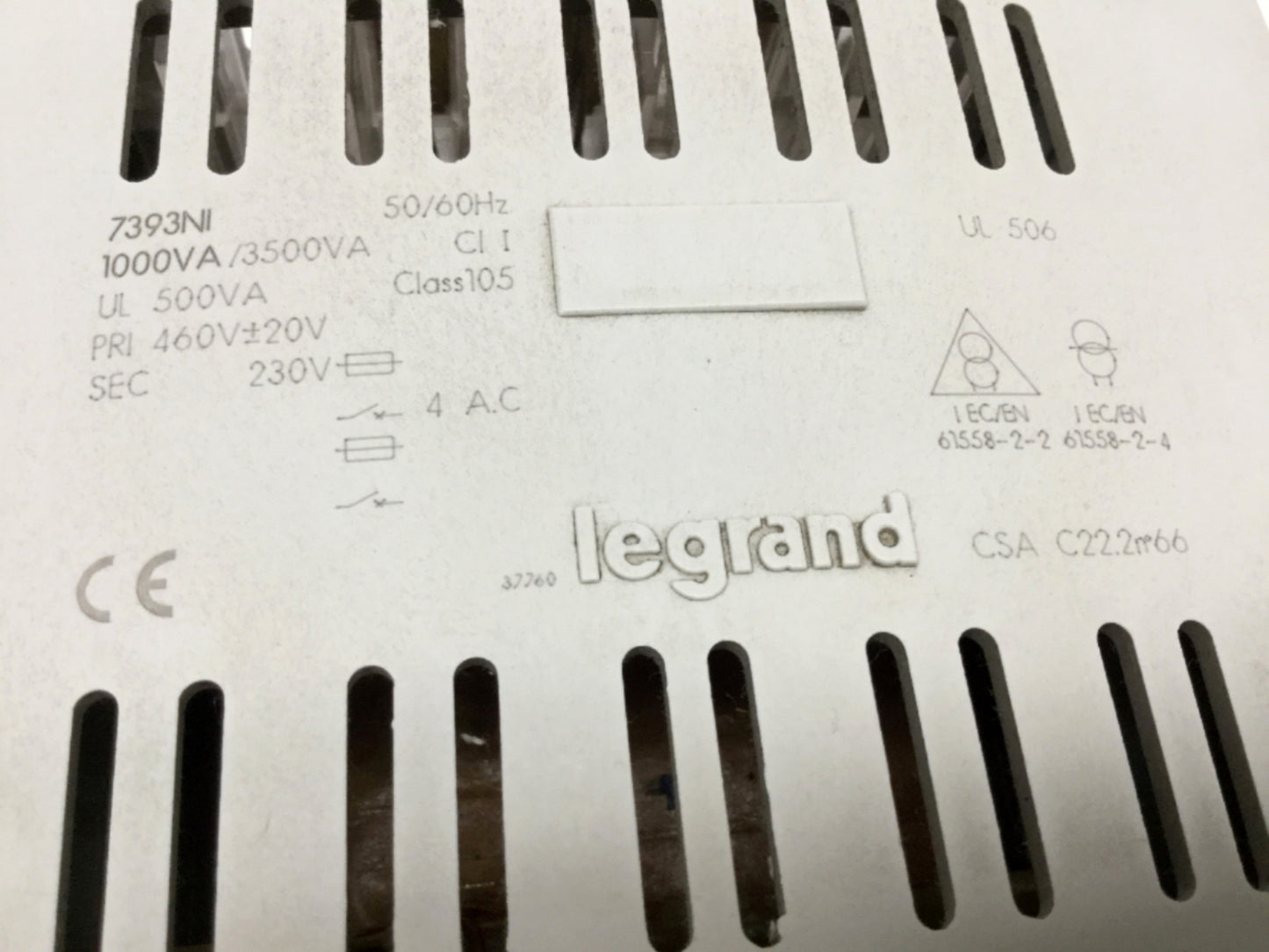 Used Legrand 7393NI Control Transformer 460V ±20V Primary, 230V Secondary 1000/3500VA
