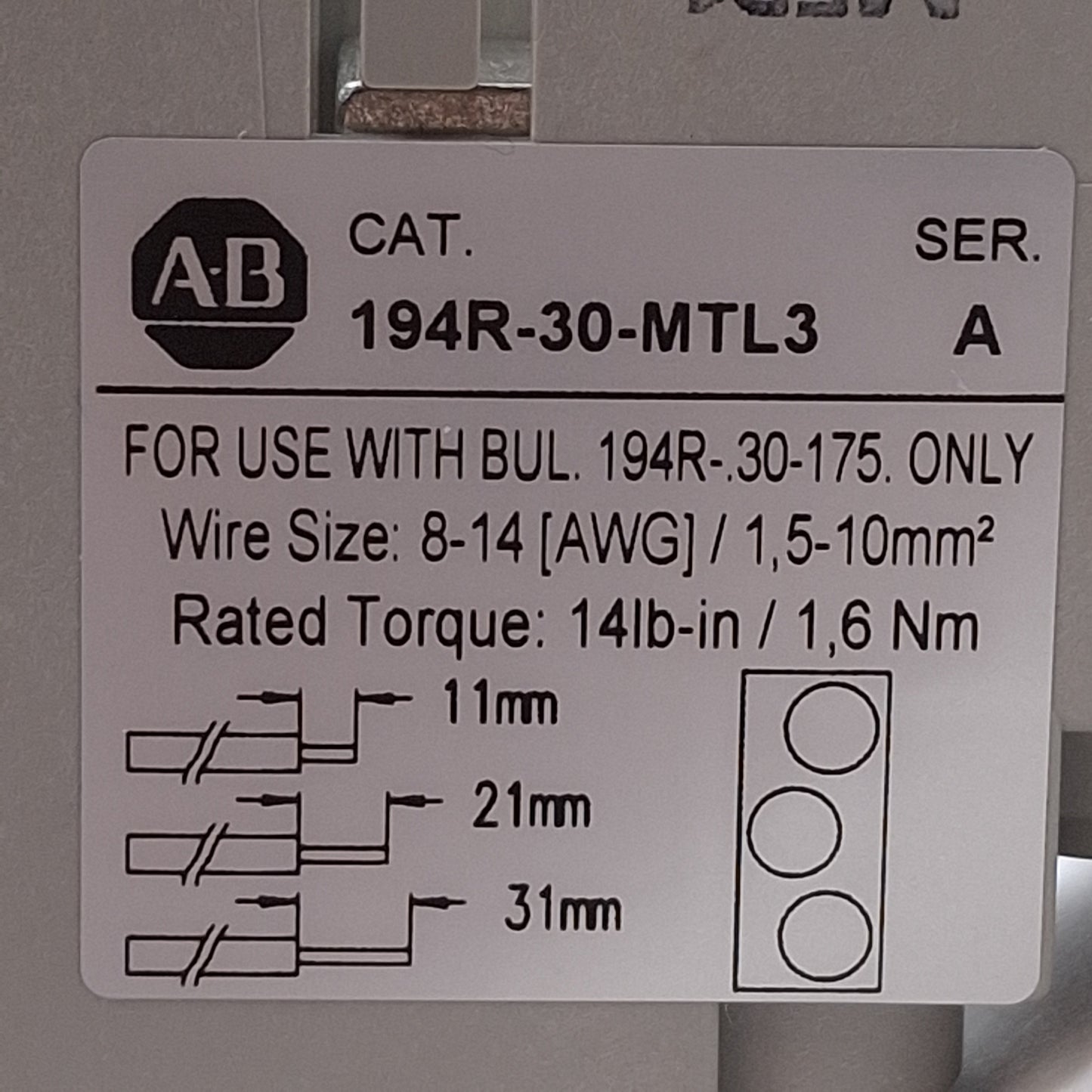 Used Allen Bradley 194R-30-MTL3 Lug Kit For Disconnect Switches, 14-4 AWG (x3)
