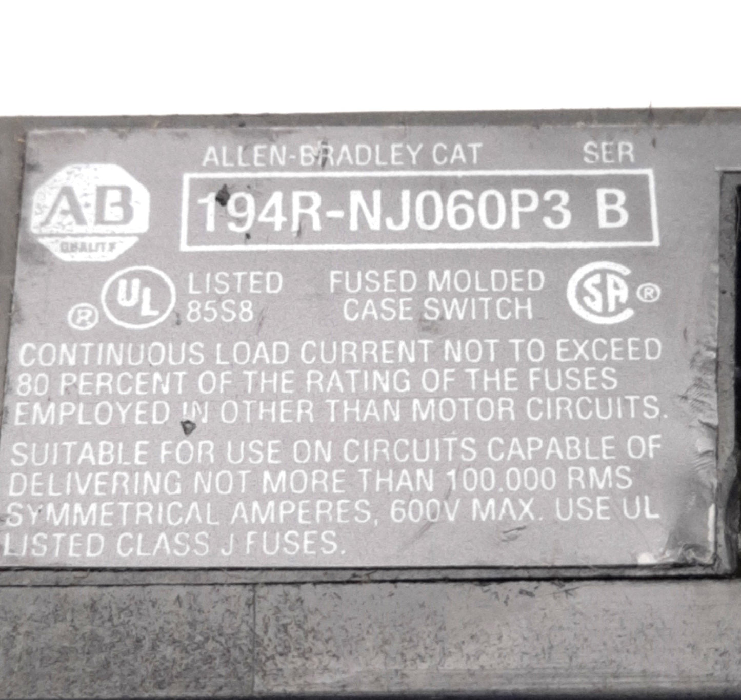 Used Allen Bradley 194R-NJ060P3 SER. B Disconnect Switch, 60A, 600VAC/250VDC, 3 Pole