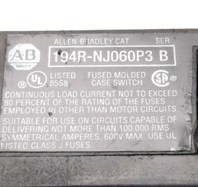 Used Allen Bradley 194R-NJ060P3 SER. B Disconnect Switch, 60A, 600VAC/250VDC, 3 Pole