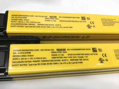 Used Banner SLLP14-910P88 EZ-Screen Safety Light Curtain Emitter & Receiver, 14mm Res