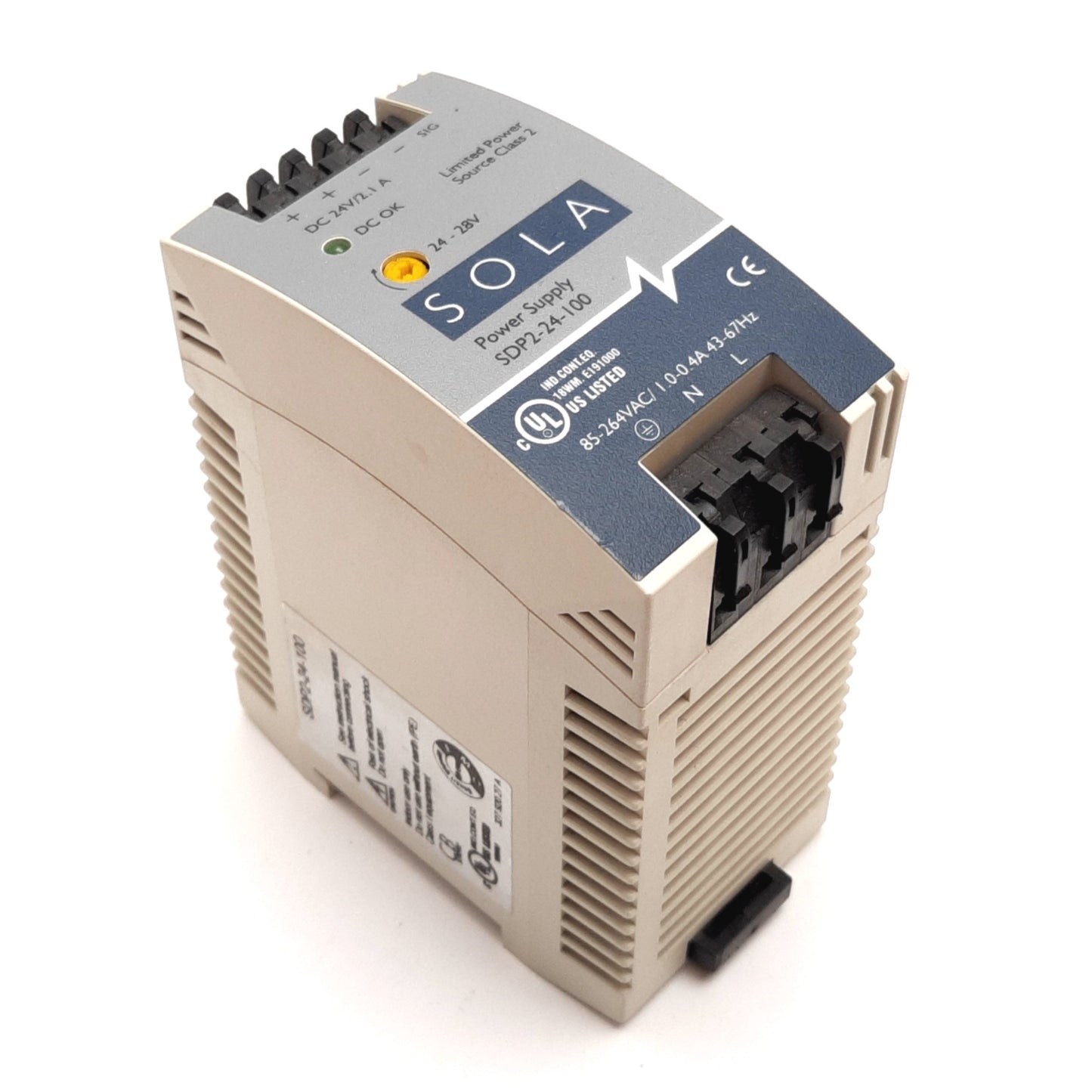 Used Sola SDP2-24-100 Power Supply, Input: 85-264VAC 1.0-0.4A, Output: 24VDC 2.1A