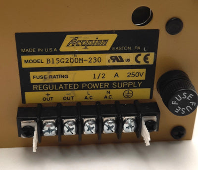 Used Acopian B15G200M-230 Regulated Power Supply 120/230v Input, 15v 2A Output, G5