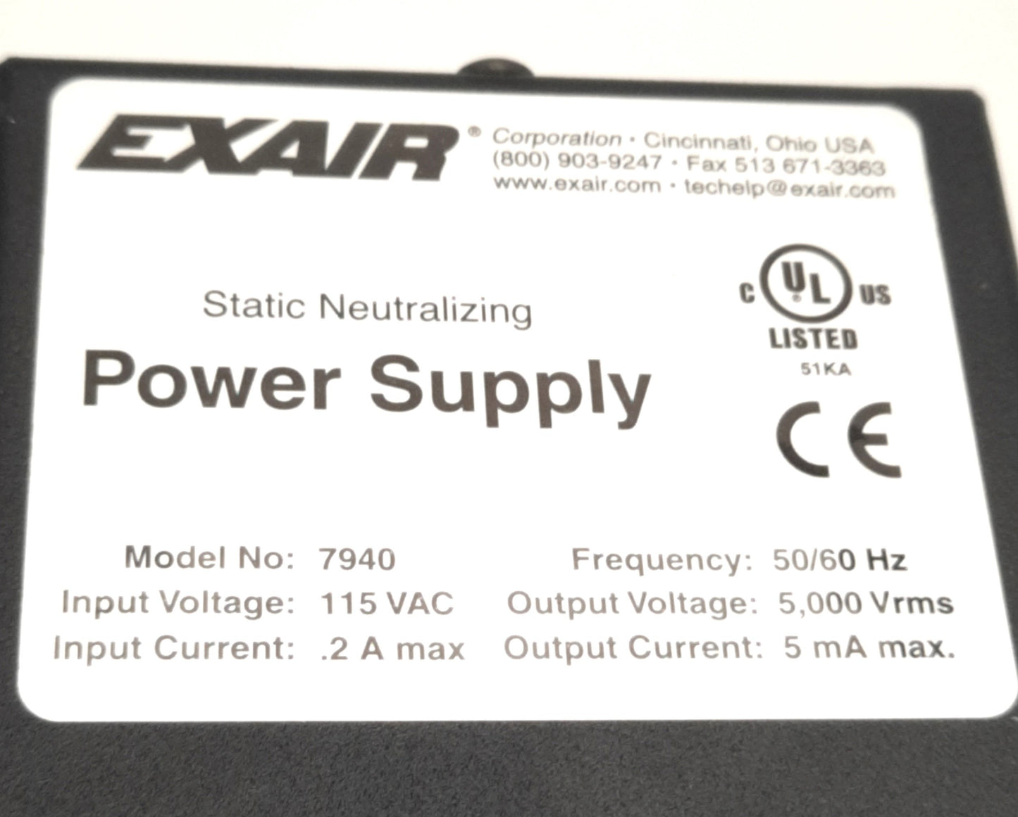 Used EXAIR 7940 High Voltage Power Supply, 115v AC Input, 5000v RMS 5mA Output