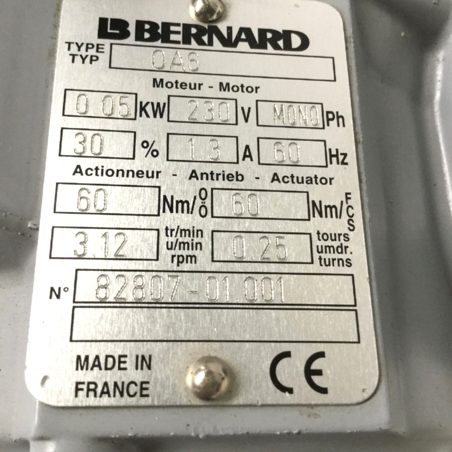 Used Bernard OA6 Electric 90° Actuator 230VAC w/Sapag Butterfly Valve DN80 Ø3" EPDM