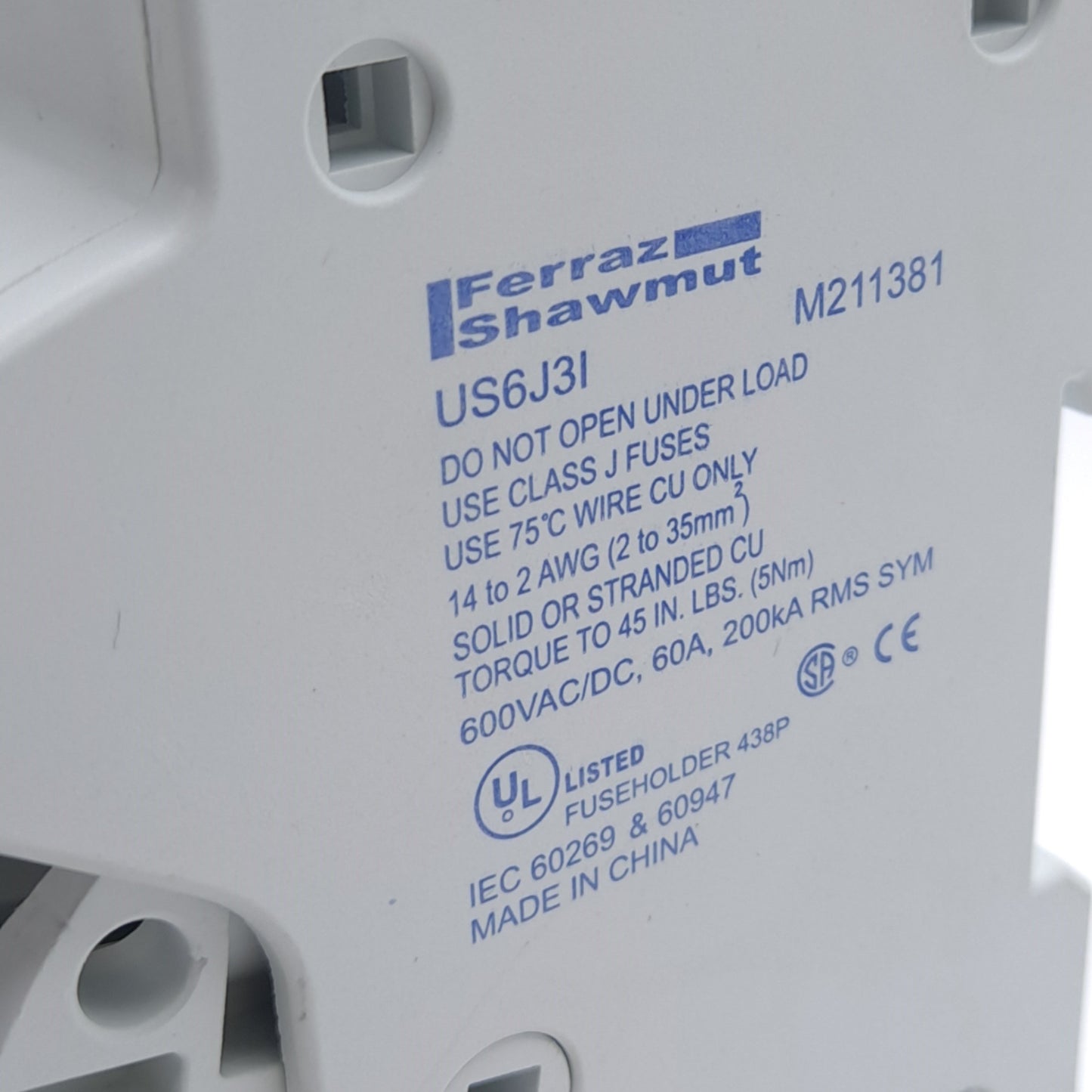 Used Ferraz Shawmut US6JI M211381 Fuse Holder 3 Pole 600v AC/DC 60A, DIN Rail Mount