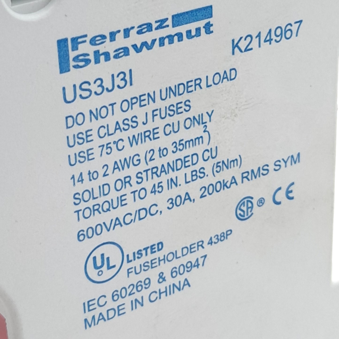 Open box Ferraz Shawmut US3JI K214967 Fuse Holder 3-Pole, 0-30A J-Type, 600v AC/DC, 200kA
