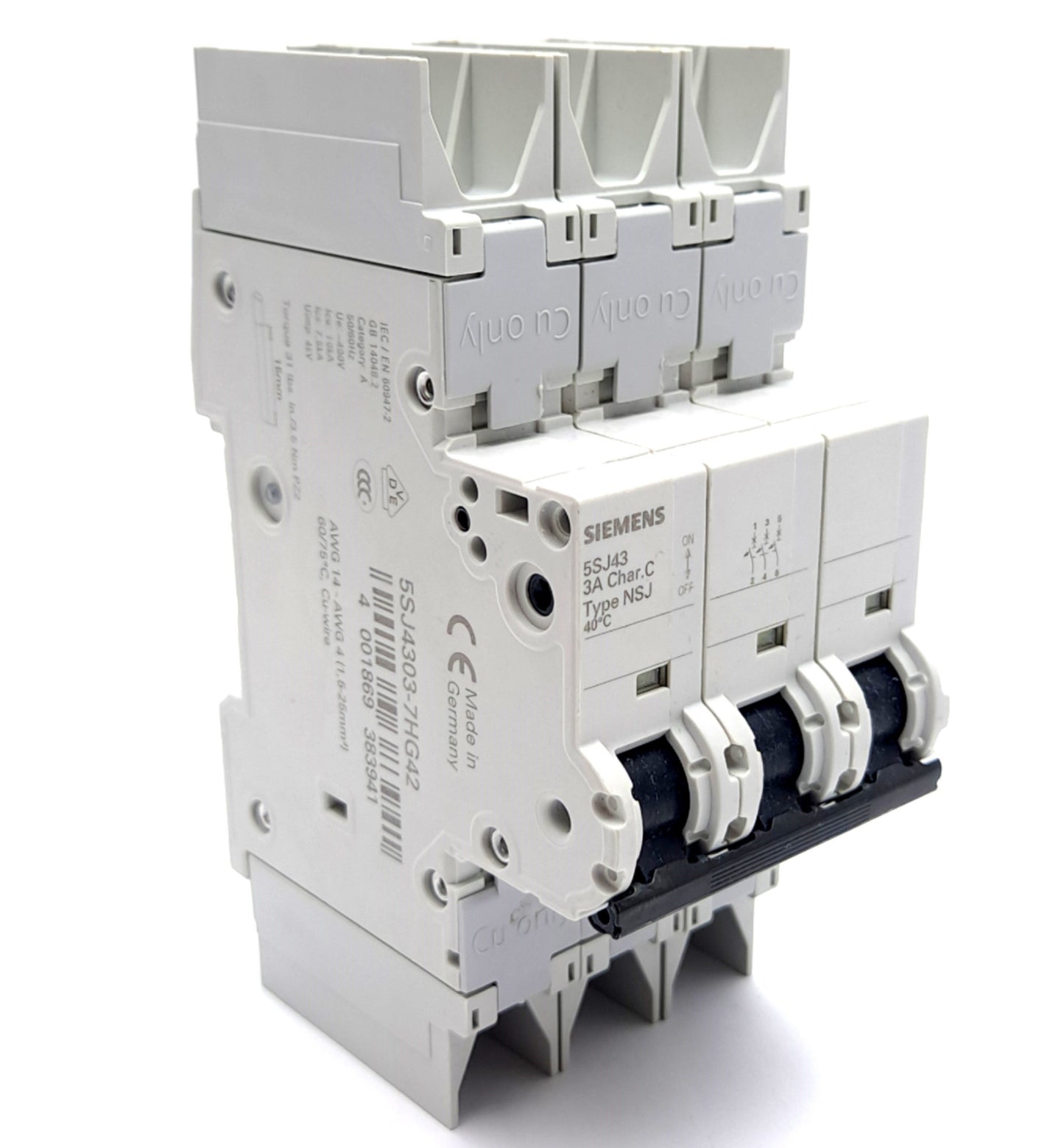 Used Siemens 5SJ4303-7HG42 Circuit Breaker 400v AC/125v DC, 3A, 3 Pole, DIN Mount