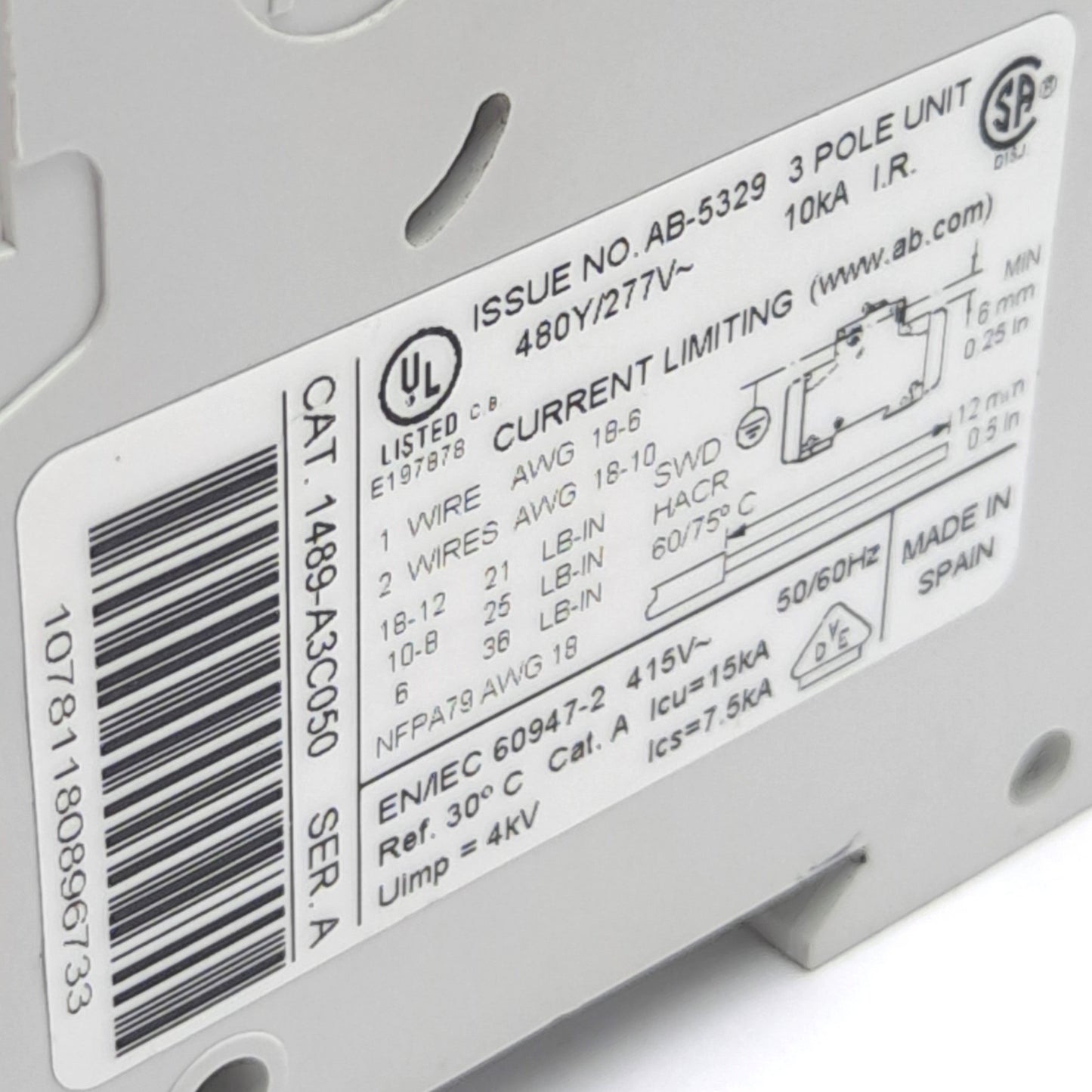 Used Allen Bradley 1489-A3C050 Circuit Breaker 3-P, 5A, 480Y/277v AC, DIN Rail Mount