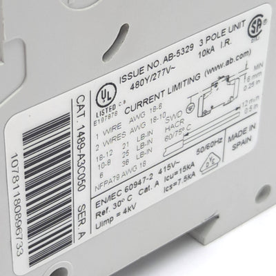 Used Allen Bradley 1489-A3C050 Circuit Breaker 3-P, 5A, 480Y/277v AC, DIN Rail Mount