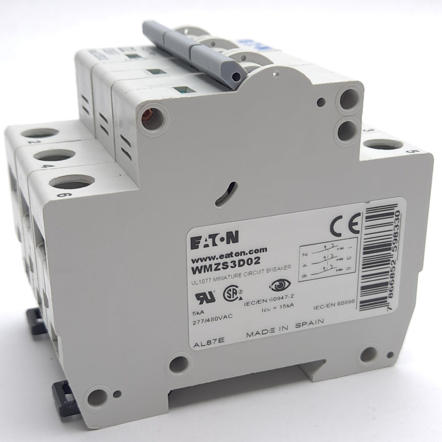 New – Open box Eaton WMZS3D02 Mini Circuit Breaker, 277/480 VAC, 2Amp, 15kA , Triple Pole