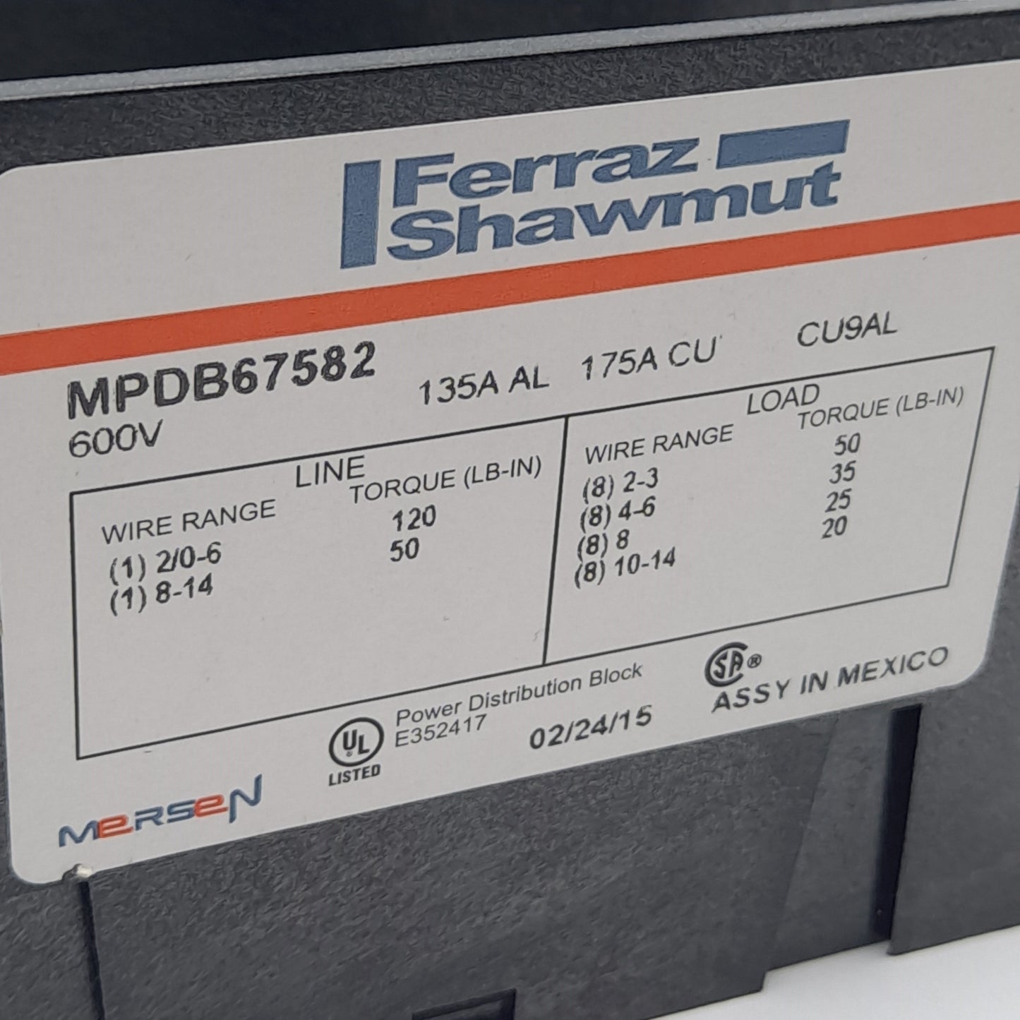 Used Ferraz Shawmut MPDB67582 Power Distribution Block 600V 175A, *3 Poles*