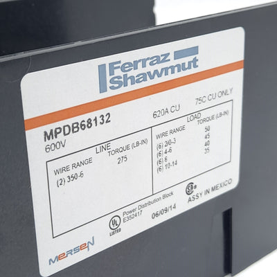 New Mersen Ferraz Shawmut MPDB68132 Power Distribution Block 2-Poles, 600V 620A, 2x6