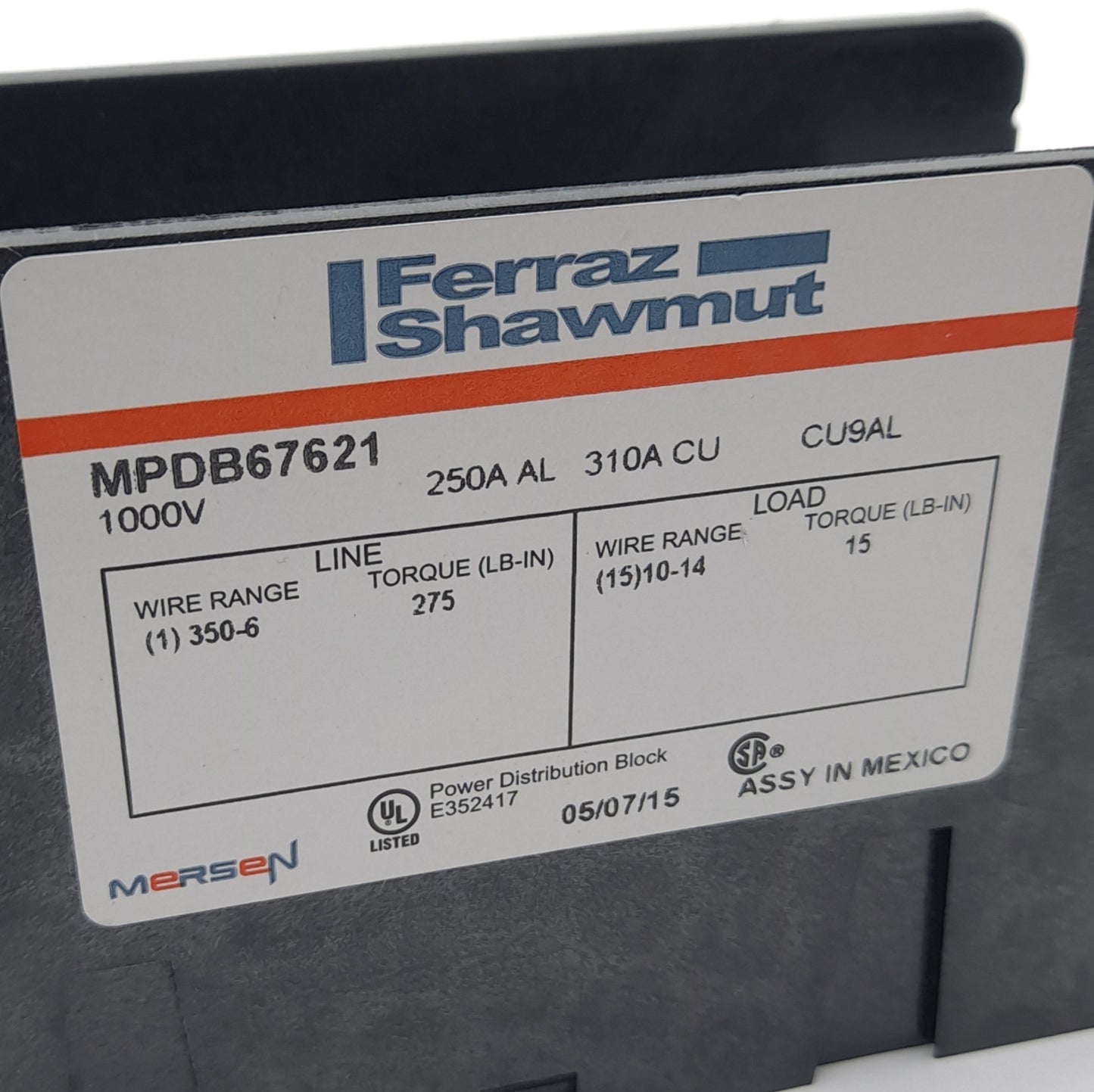 Used Mersen Ferraz MPDB67621 Power Distribution Block 1 Pole 1000V 310A 1x15P