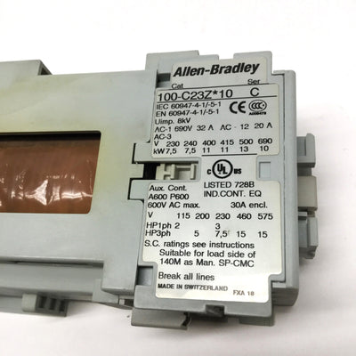 Used Allen Bradley 100-C23Z*10 Contactor, 3-Pole with N/O Aux, Coil 24VDC, 30A 600VAC