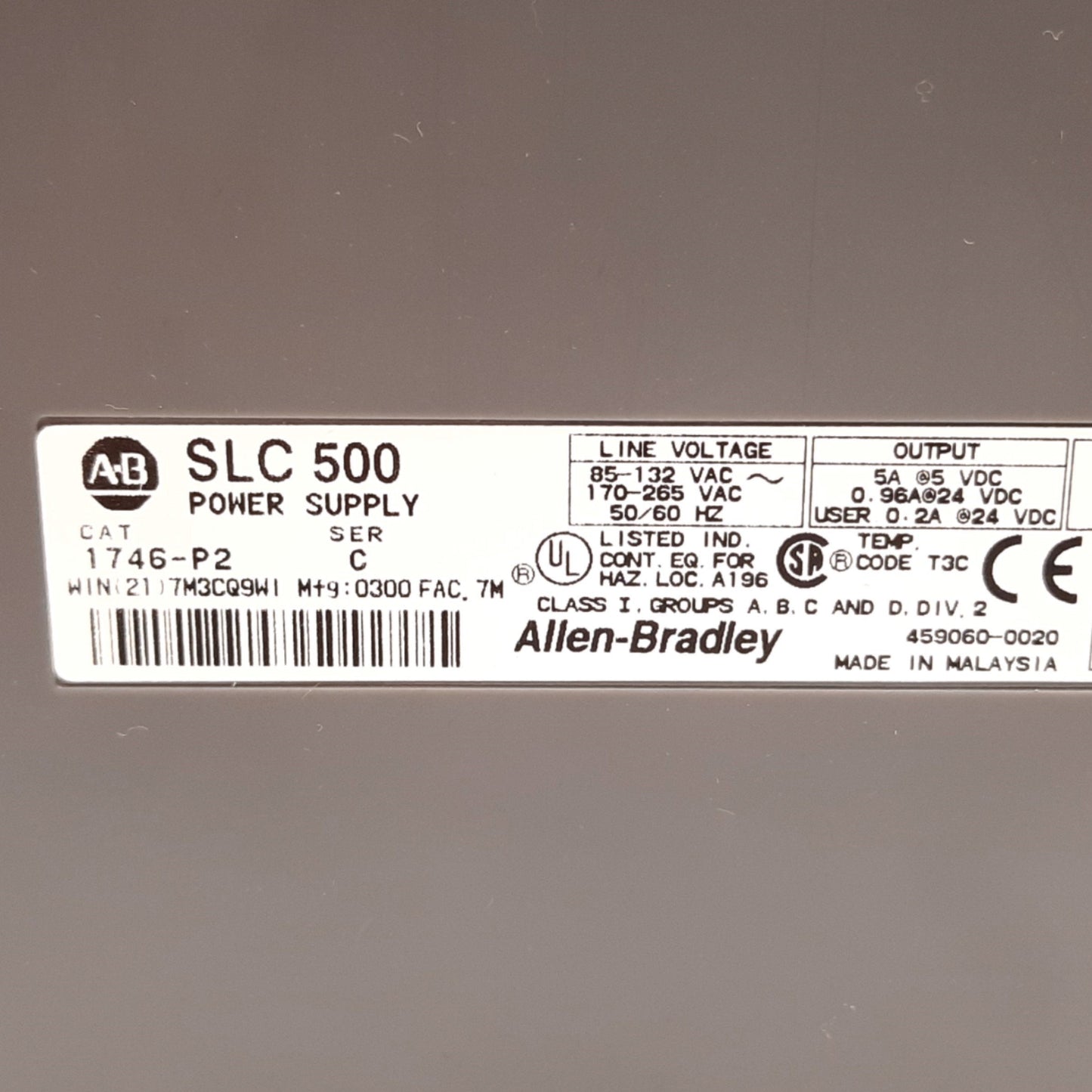 Used Allen Bradley 1746-P2 Ser C SLC 500 Power Supply Module In 85-265VAC Out 5VDC 5A