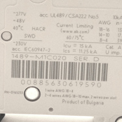 Used Allen Bradley 1489-M1C020 Circuit Breaker 1 Pole 2A 240VAC/48VDC, 10kA IR