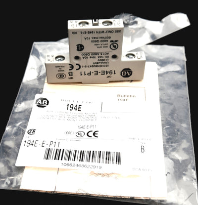 New – Open box Allen Bradley 194E-E-P11 Auxiliary Contact Block, 600VAC 10A 1NO-1NC L.B