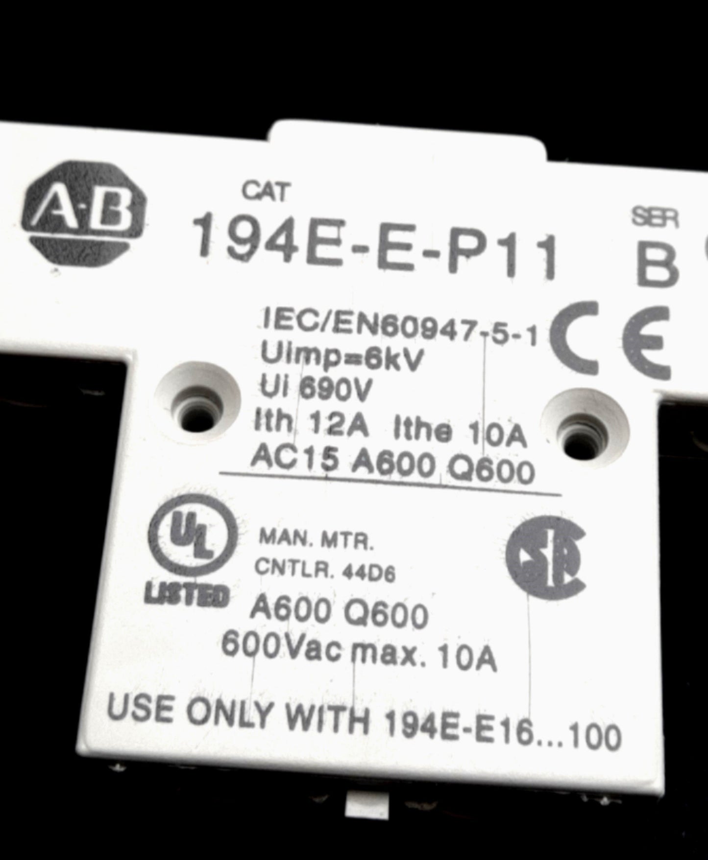 New – Open box Allen Bradley 194E-E-P11 Auxiliary Contact Block, 600VAC 10A 1NO-1NC L.B