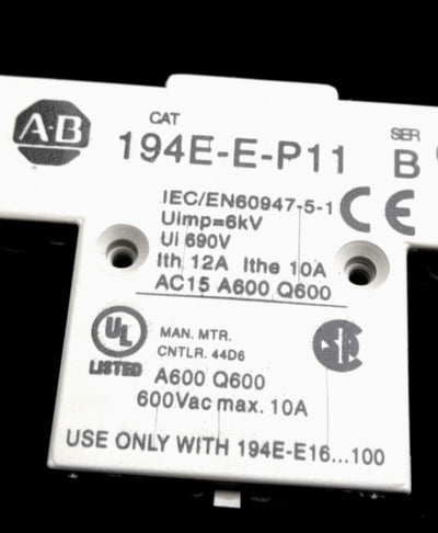 New – Open box Allen Bradley 194E-E-P11 Auxiliary Contact Block, 600VAC 10A 1NO-1NC L.B