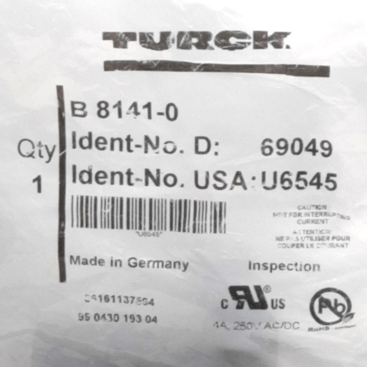 New TURCK B 8141-0 Field-Wireable Female Connector M12 4-Pin, 250V, 4A, U6545
