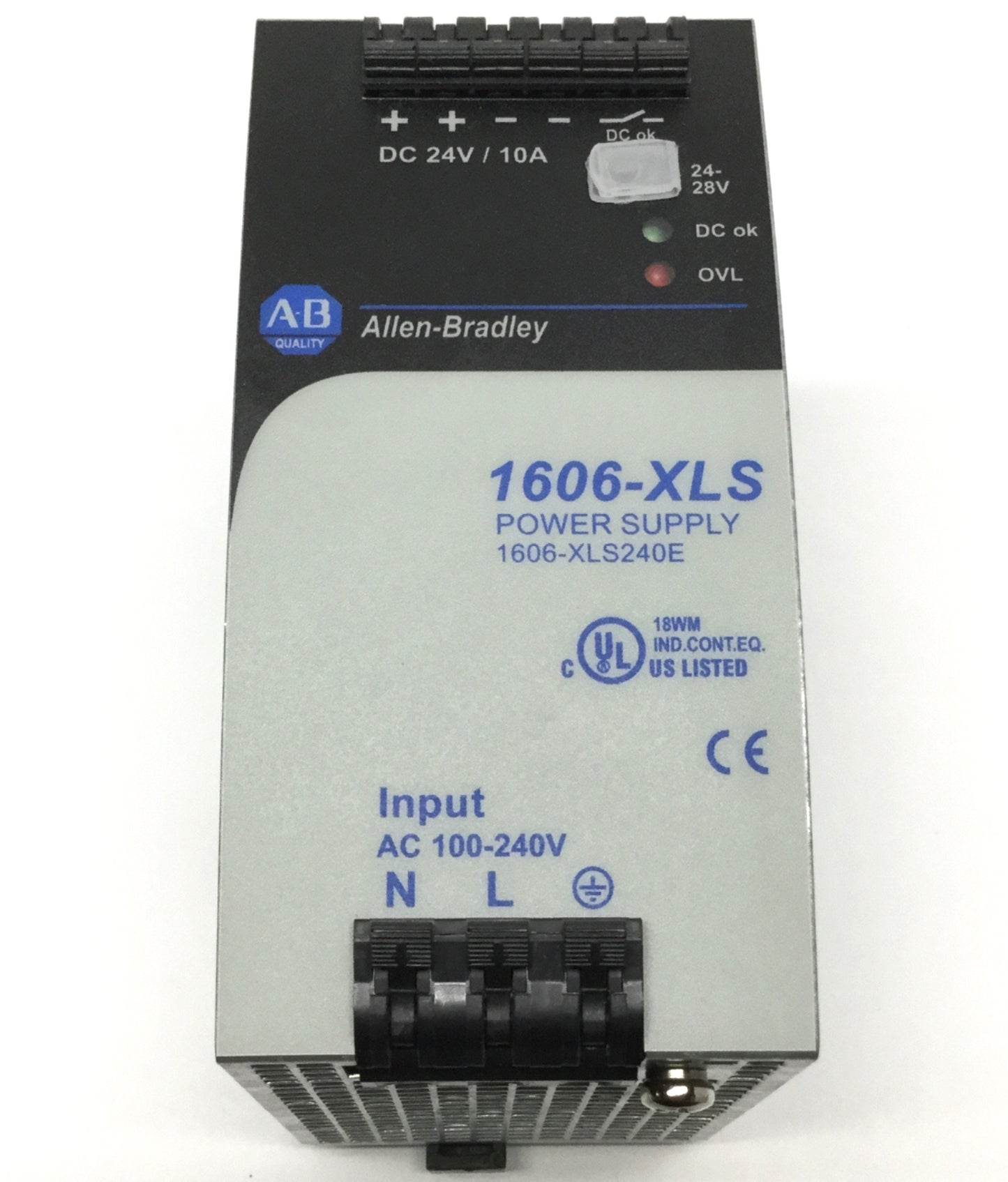 Used Allen Bradley 1606-XLS240E DIN Power Supply, 100-240VAC In, 24VDC 10A Out, 240W