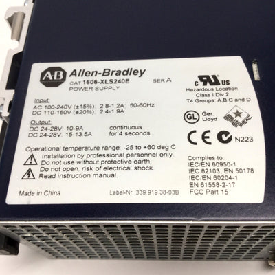 Used Allen Bradley 1606-XLS240E DIN Power Supply, 100-240VAC In, 24VDC 10A Out, 240W