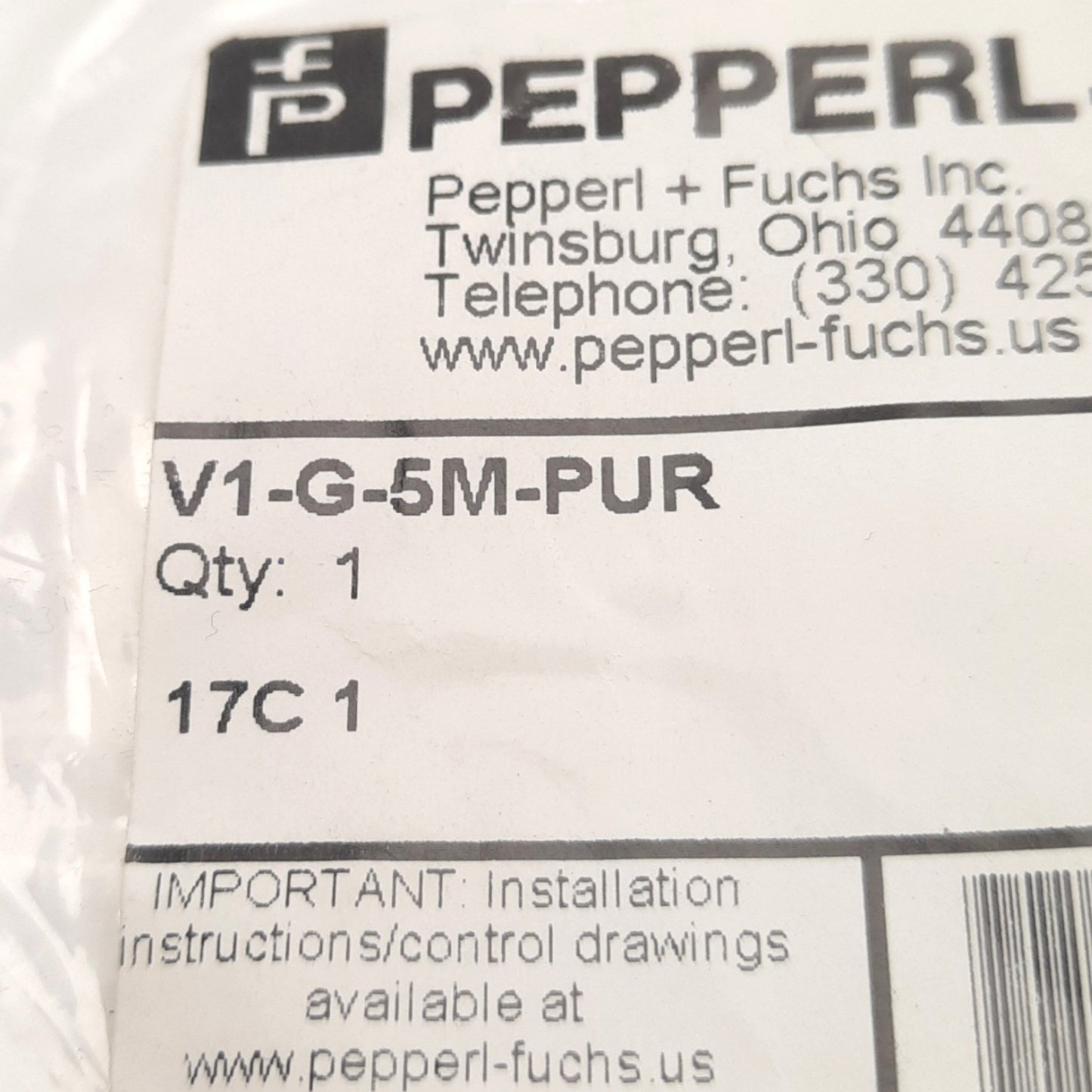 New – Open box Pepperl+Fuchs V1-G-5M-PUR Sensor Cable M12 4-Pin F to Leads, 5M, 250v AC/DC 4A