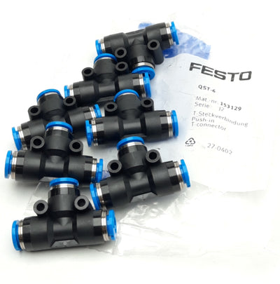 New – Open box Lot of 7 FESTO QST-6 153129 SER J2 T-Connector, 6mm Push to Connect, 6bar Max