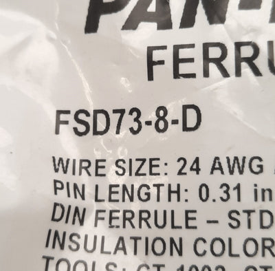 New Lot of 500 Panduit FSD73-8-D Pan-Term DIN Ferrules, 8mm, Yellow, 24AWG 0.25mm²